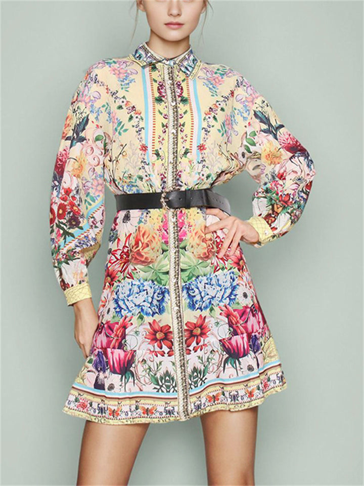 Women's Long Sleeve Summer Floral Print Button Up Lapel Mini Dress