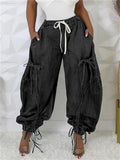 Women's Drawstring High Waist Baggy Tie Hem Joggers Denim Cargo Pants