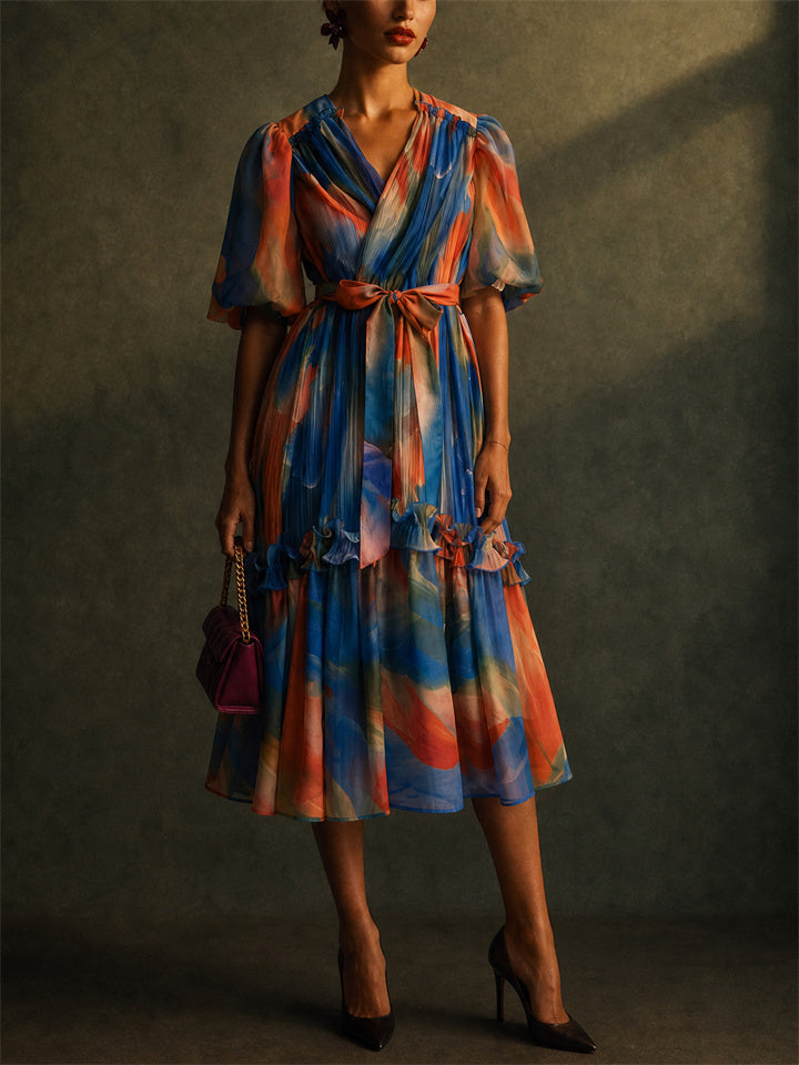 Womens Watercolor Floral Pleated Puff Sleeve Midi Dress