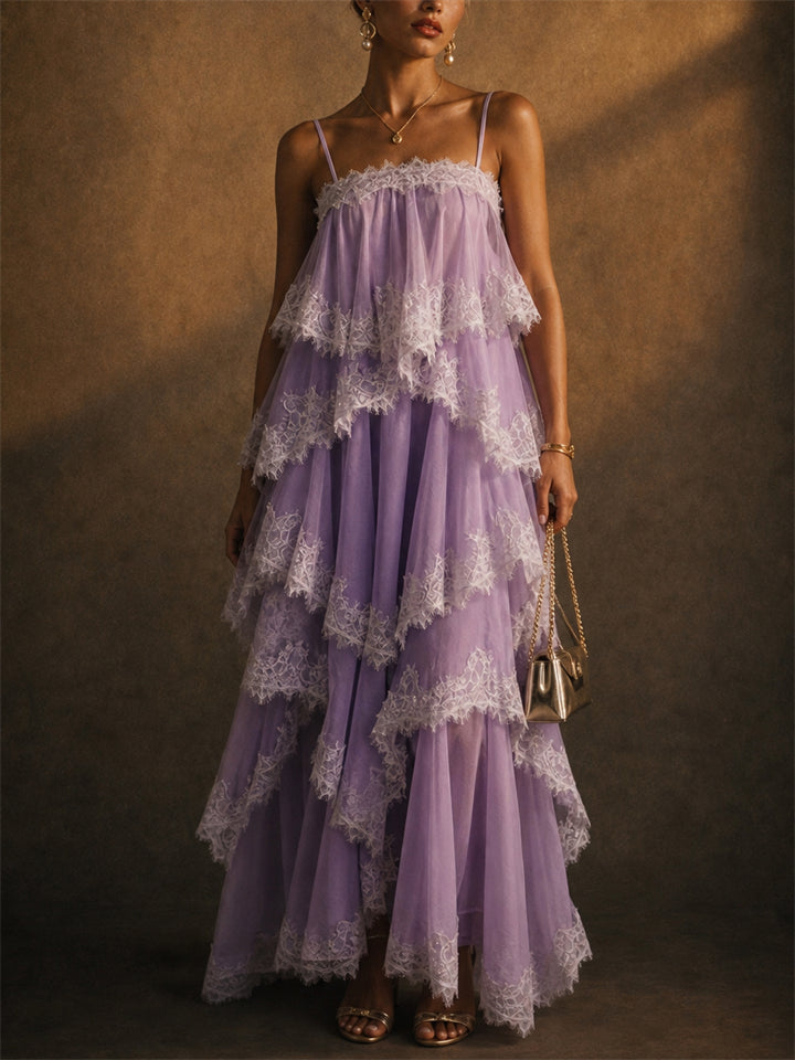 Women Boho Tiered Lace Ruffle Ombre Chiffon Maxi Dress