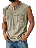 Men's Retro Cotton Distressed Pocket Sleeveless Henley Shirts