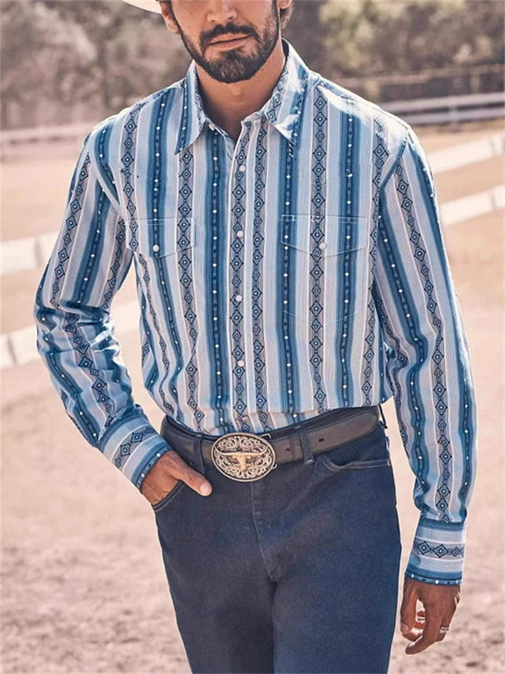 Men's Spring Western Aztec Print Button Up Long Sleeve Lapel Shirts
