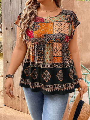 Plus Size Women's Summer Contrast Color Printed Round Neck Shirt