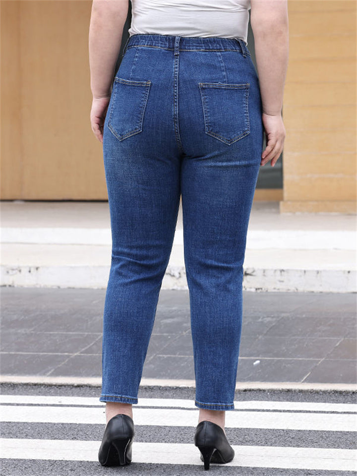 Spring Stretchy Large Size High Rise Leisure Blue Jeans for Women