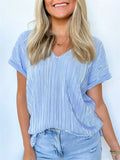 Women's Solid Color Striped V Neck Casual Short Sleeve Shirts