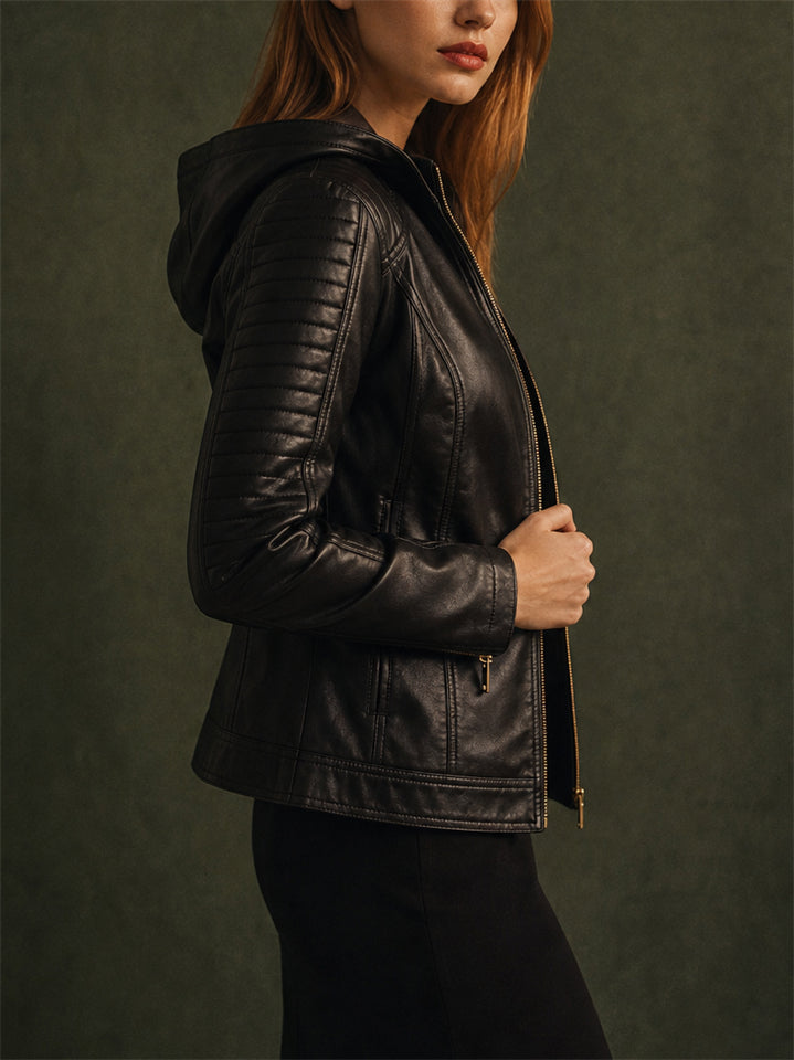 Women's Cool Hooded PU Leather Jacket with Warm Lining