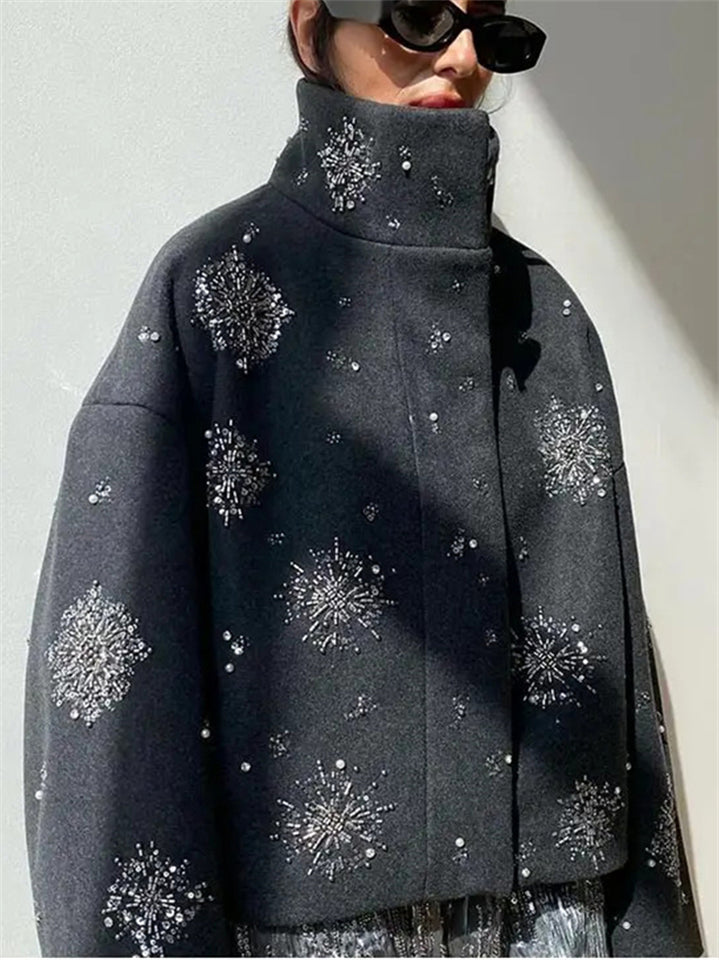 Vintage Stand Collar Single Breasted Snowflake Pattern Winter Coat for Women