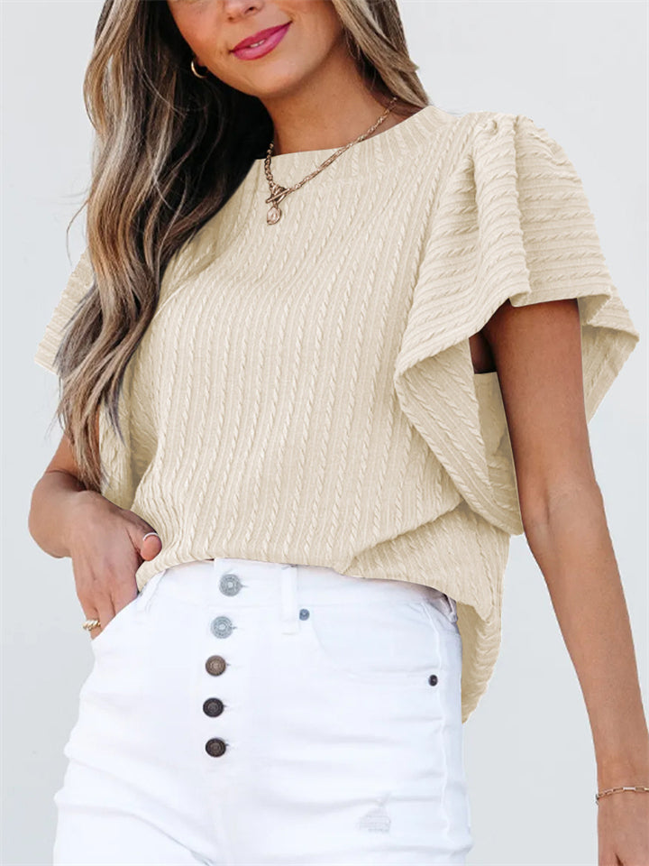 Women's Round Neck Solid Color Striped Lotus Sleeve Shirts