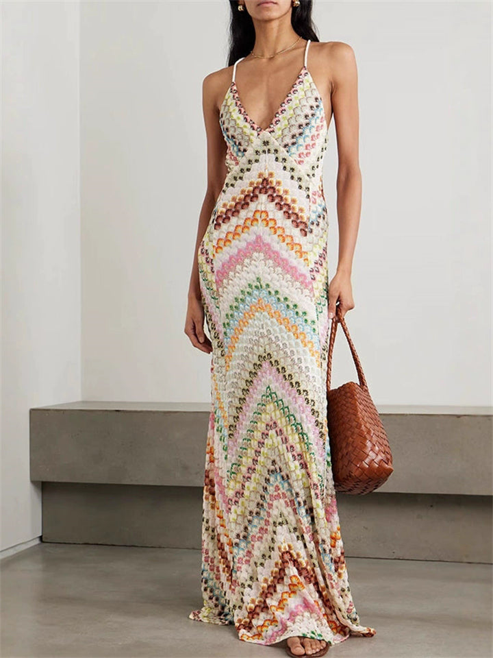 Female's Elegant Contrast Color Printed Party Slim Fit Halter Strap Dress