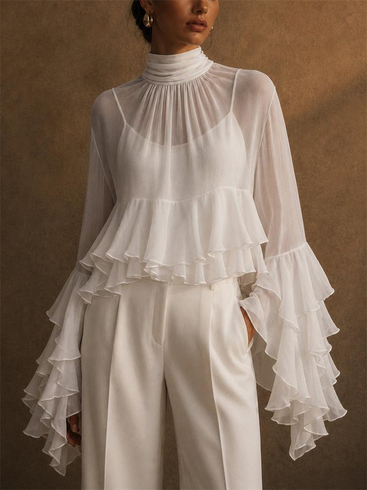 Women's Chiffon Tiered Ruffle Flare Sleeve High Neck Top