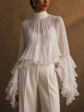 Women's Chiffon Tiered Ruffle Flare Sleeve High Neck Top