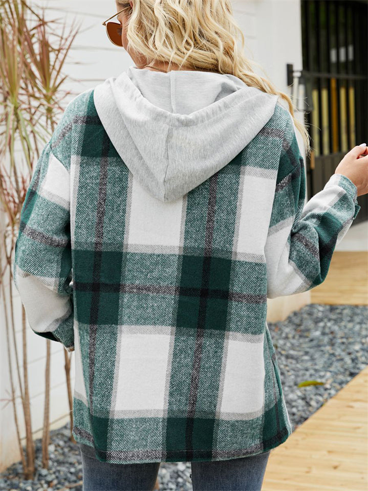 Women's Casual Plaid Long Sleeve Button Up Hooded Coat