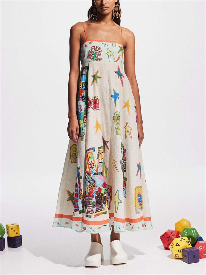 Female Cute Cartoon Star Flower Print Spaghetti Strap A-Line Dress