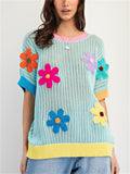 Women's Summer 3D Flower Short Sleeve Knit Sweater T Shirt