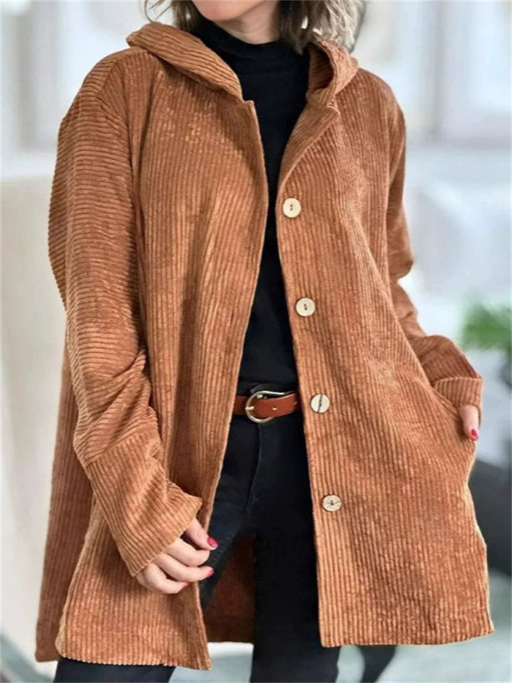Women's Casual Autumn Solid Color Corduroy Button Up Hooded Jacket