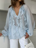 Women's French Style See Through Ruffle V-Neck Blouses