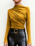 ‌Women's Elegant Pleated Slim Fit High-Neck Ruched Long Sleeve Shirts