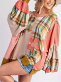 Women's Retro Waffle Patchwork Contrast Color Round Neck Sweatshirt