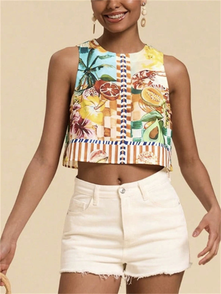 Women's Holiday Style Print Sleeveless Crop Top Shirts