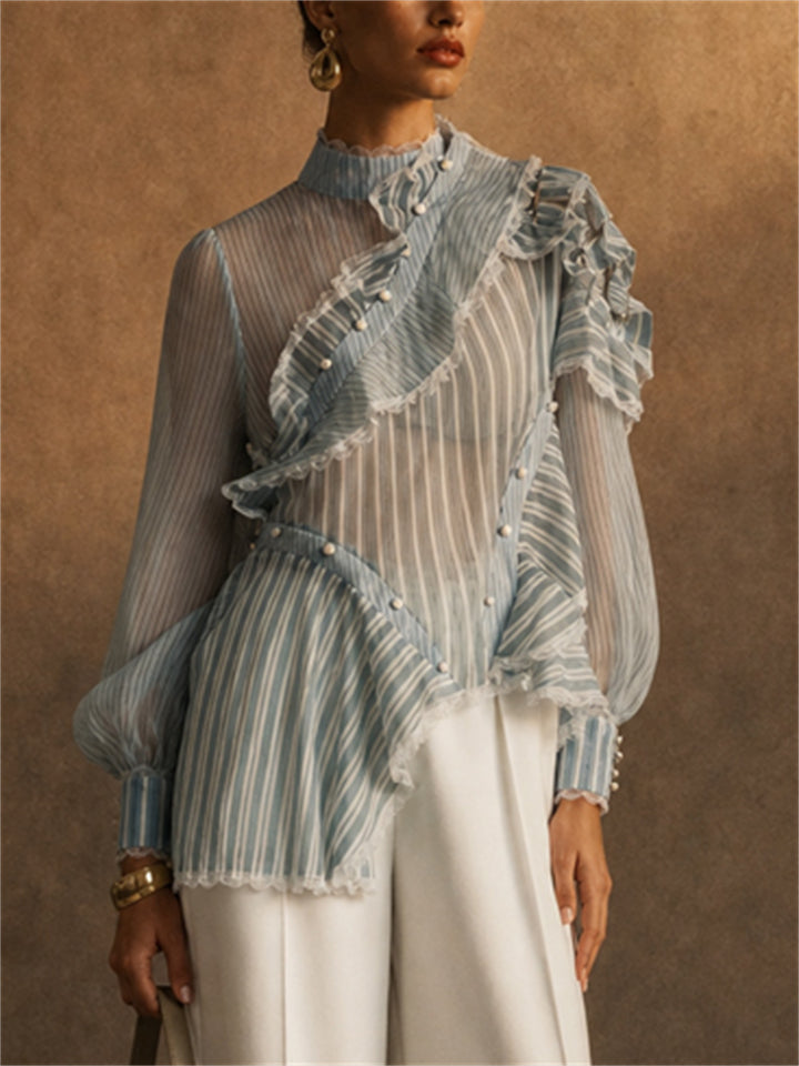 Women Blue Striped Asymmetric Ruffle Sheer Mock Neck Blouses