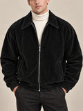 Men Casual Corduroy Zip Up Collared Bomber Jacket