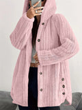 Women's Winter Solid Color Pit Stripe  Button Up Hooded Fleece Coats