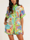 Women's 2pcs Casual Cartoon Print Short Sleeve Shirt & Pants Set