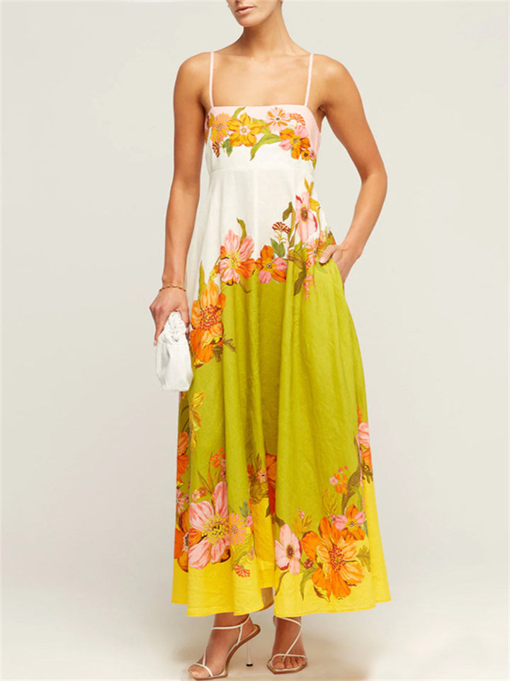 Ladies Spaghetti Strap Flower Print Pleated A-Line Dress