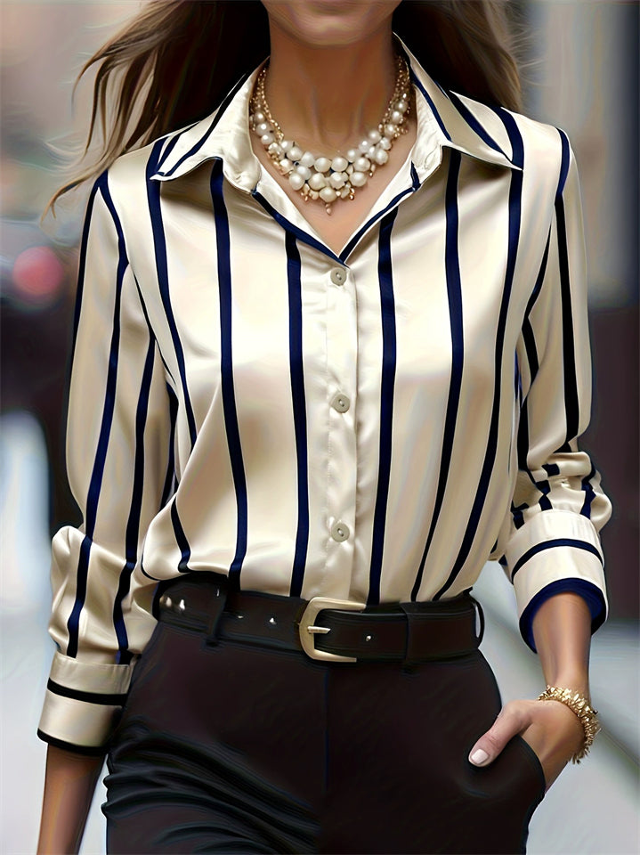Spring Women's Elegant Striped Blouses Long Sleeve Slim Fit Office Casual Top