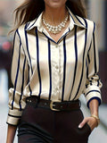 Spring Women's Elegant Striped Blouses Long Sleeve Slim Fit Office Casual Top