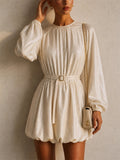 Women Puff Sleeve Bubble Hem Belted Party Mini Dress