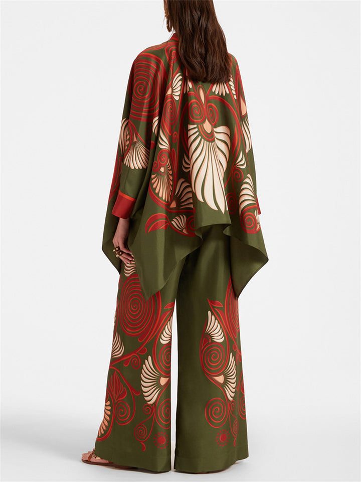 Women's 2pcs Trendy Print Irregular Blouse & Pants Set