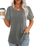 Women's Casual Solid Color Pleated Round Neck Short Sleeve Shirts