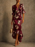 Women Elegant Floral Ruched V Neck High Low Ruffle Wedding Guest Dress
