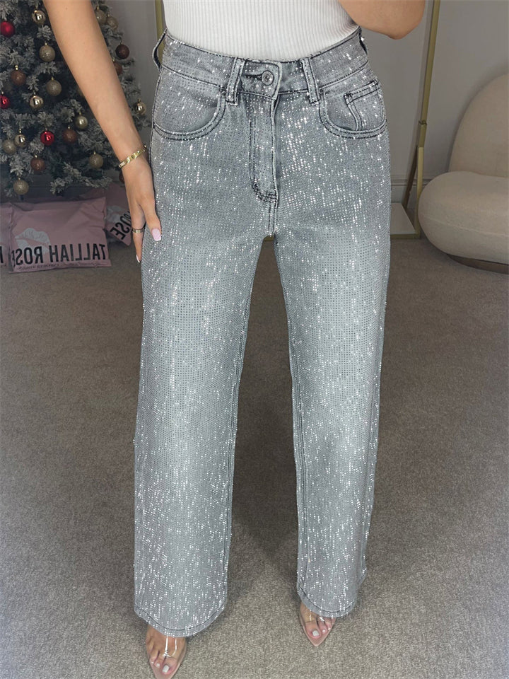 Women's High Waist Bling Bling Rhinestone Studded Denim Jeans
