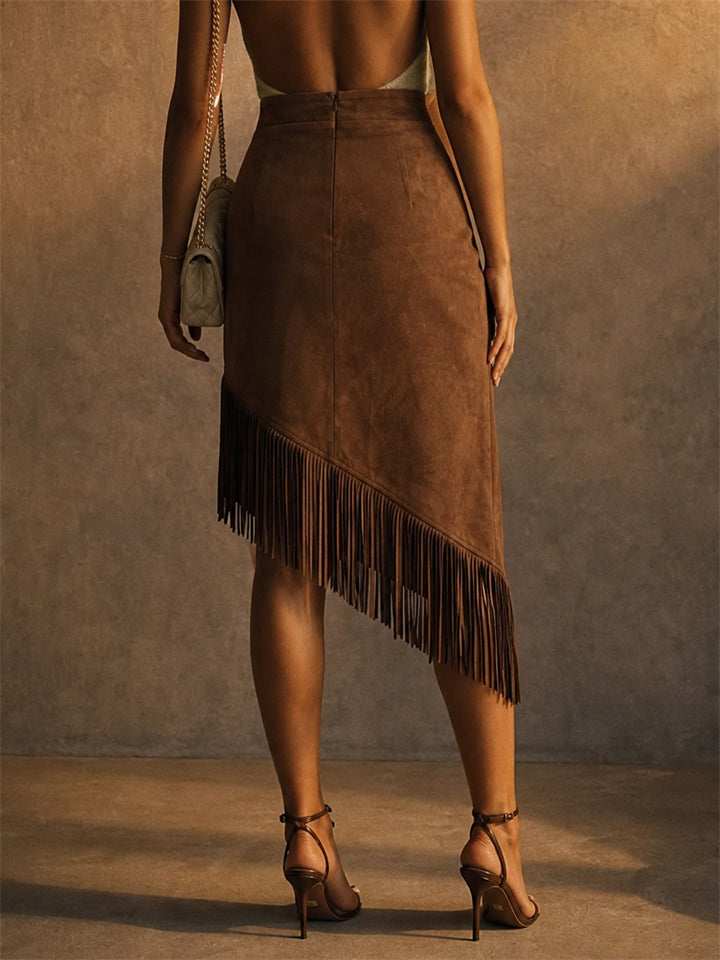 Women Brown Faux Suede Asymmetrical Boho Fringe Skirt