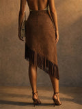 Women Brown Faux Suede Asymmetrical Boho Fringe Skirt