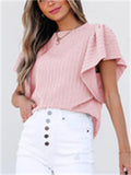 Women's Round Neck Solid Color Striped Lotus Sleeve Shirts