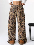 W‌inter Fleece Leopard Heart Print High Waist Wide Leg Women Casual Pants‌