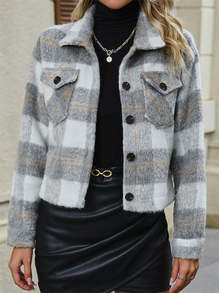 Women's Casual Plaid Single Breasted Waist Length Long Sleeve Coat