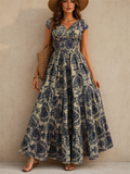 Holiday Style Floral Print Ruched Waist V-Neck Maxi Dress for Women