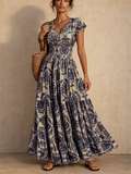 Holiday Style Floral Print Ruched Waist V-Neck Maxi Dress for Women