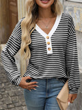 Women Striped Knit V Neck Long Sleeve Loose Fit Casual Shirts