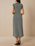 Women Striped Knitted Midi Dress Sleeveless Slim Fit Casual Office Wear