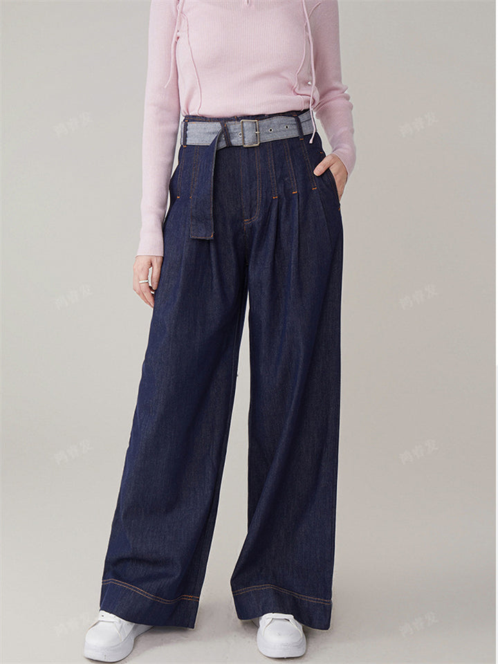 Women Blue High Waisted Cotton Wide Leg Denim Pants