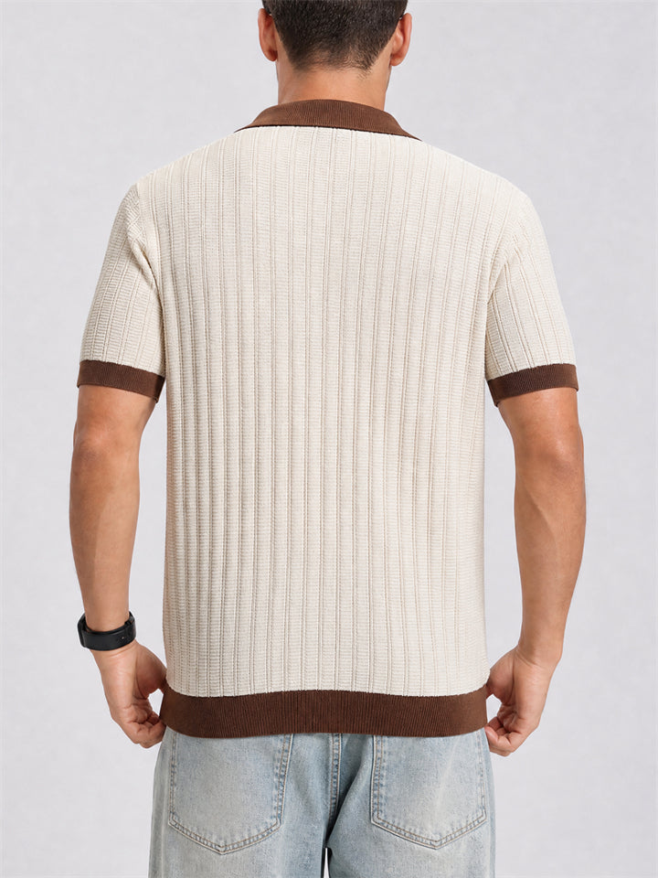 Mens Old Money Style Ribbed Contrast Knit Polo Shirt