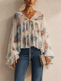 Women Bohemian Floral Tie Front Lantern Sleeve V Neck Blouse