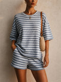 Women Striped Ribbed 2 Piece Pajama Shorts Lounge Set