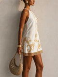 Women White Gold Baroque Floral Lace Trim Halter Mini Dress
