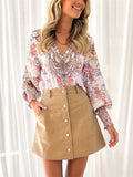 Women's Printed Pullover V-neck Lantern Sleeve Blouse